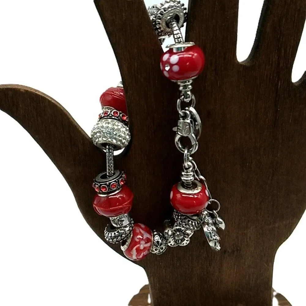Bling Silver-tone & Red Beaded Charm Slider Bracelet on Snake Chain NWOT
